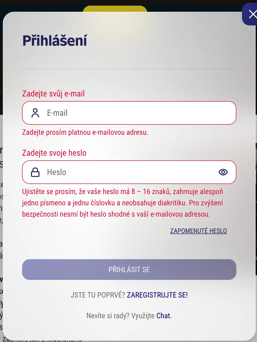 Přihlášení do účtu – zadejte e-mail a heslo podle bezpečnostních požadavků Přihlašovací formulář s validací e-mailu a hesla pro vstup do uživatelského účtu